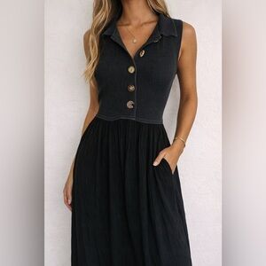 Barbara Lesser Black Maxi Dress Size Small Button Front Collared